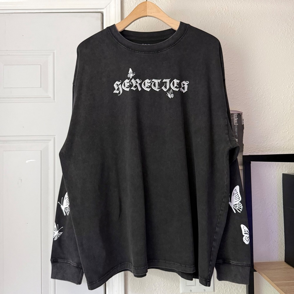 HERETICS black graphic logo gothic text crew neck cotton long sleeve tee t-shirt